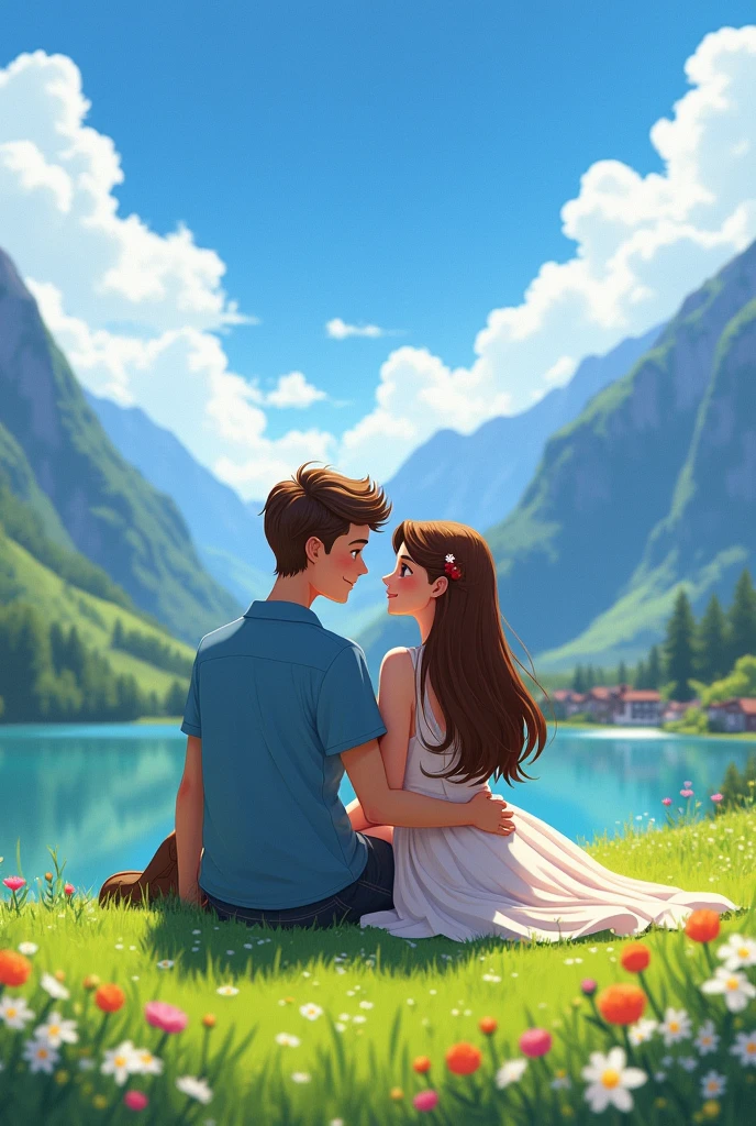Animated drawing of Switzerland in a village called Grindelwald at Lake Bachalpsee, a couple sitting on the grass, where the man hugs the woman and looking at her with love, and the woman had bright brown hair, smooth hair and dressed, in spring