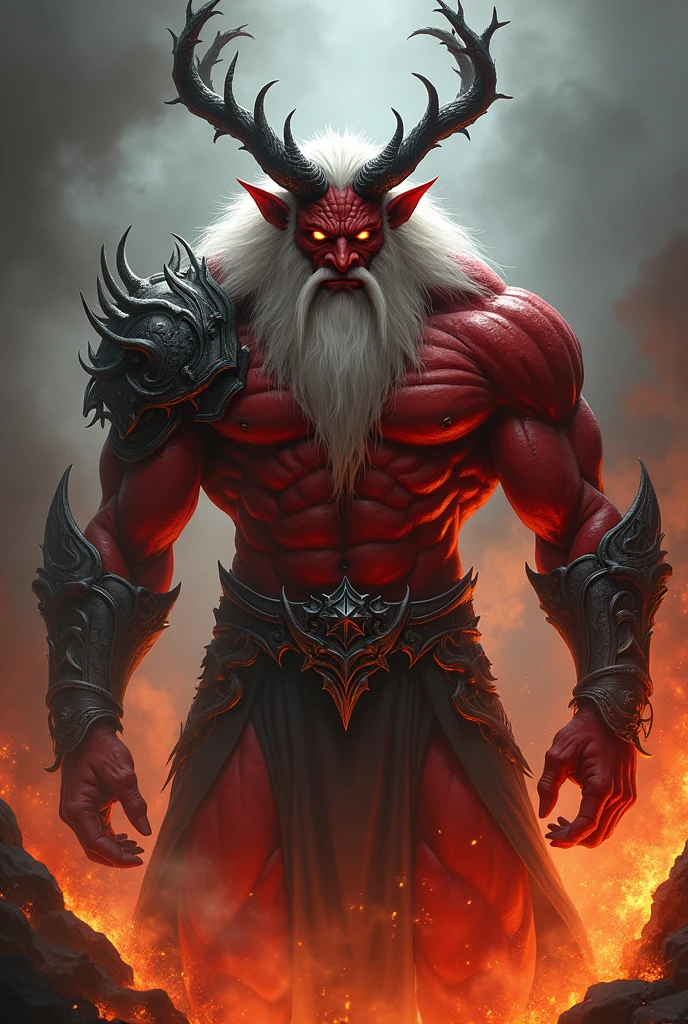 a giant red devil with two long antlers, four yellow eyes, long white hair, wearing armors, muscular build, hellfire background,