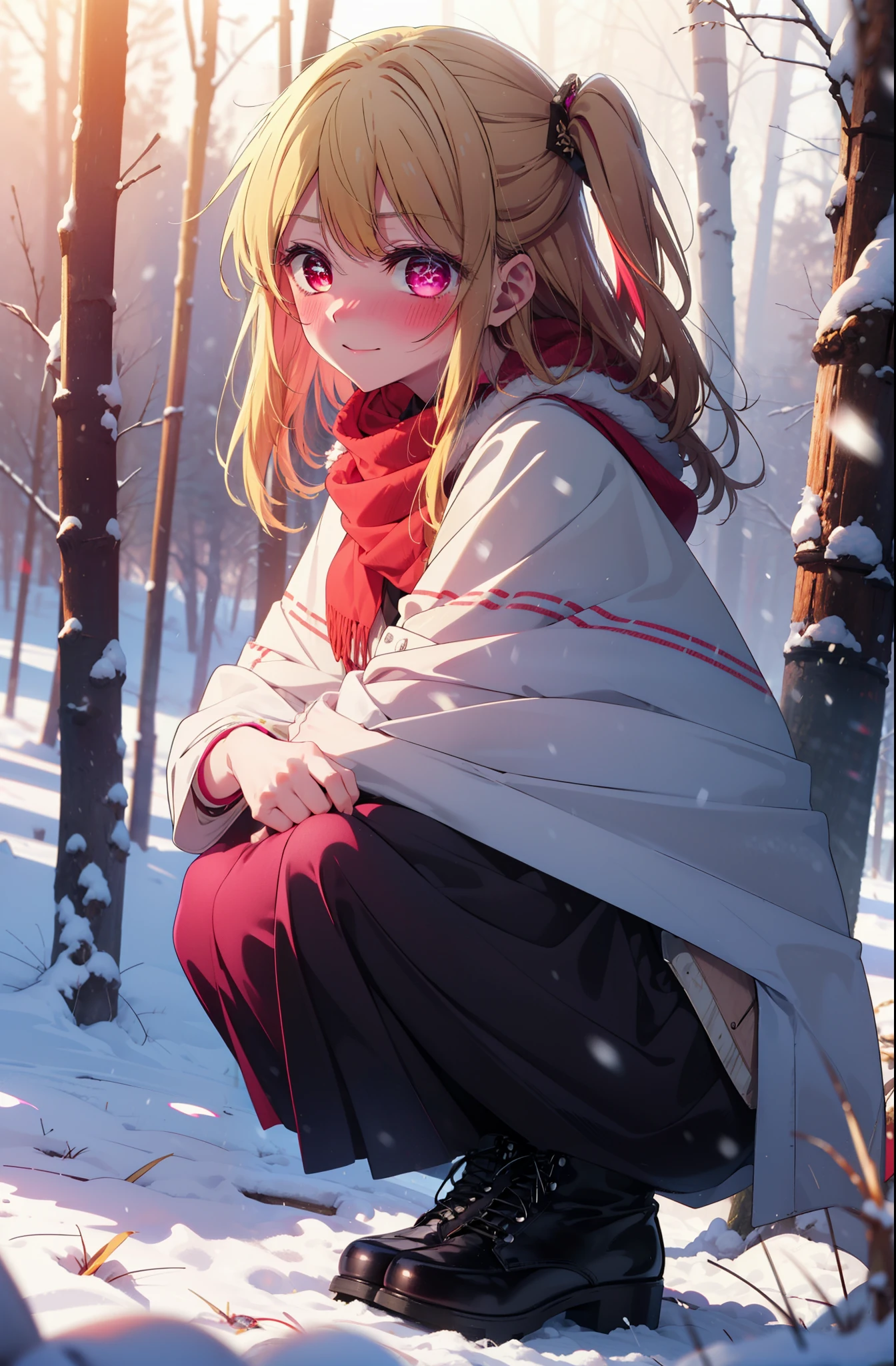 rubyhoshino, Hoshino Ruby, Long Hair, bangs, Blonde, (Pink Eyes:1.3), Side Lock, (Symbol-shaped pupil:1.5), Multicolored Hair, Two-tone hair, smile,,smile,blush,white breath,
Open your mouth,snow,Ground bonfire, Outdoor, boots, snowing, From the side, wood, suitcase, Cape, Blurred, , forest, White handbag, nature, Squat, Mouth closed, Cape, winter, Written boundary depth, Black shoes, red Cape break looking at viewer, Upper Body, whole body, break Outdoor, forest, nature, break (masterpiece:1.2), Highest quality, High resolution, unity 8k wallpaper, (shape:0.8), (Beautiful and beautiful eyes:1.6), Highly detailed face, Perfect lighting, Highly detailed CG, (Perfect hands, Perfect Anatomy),