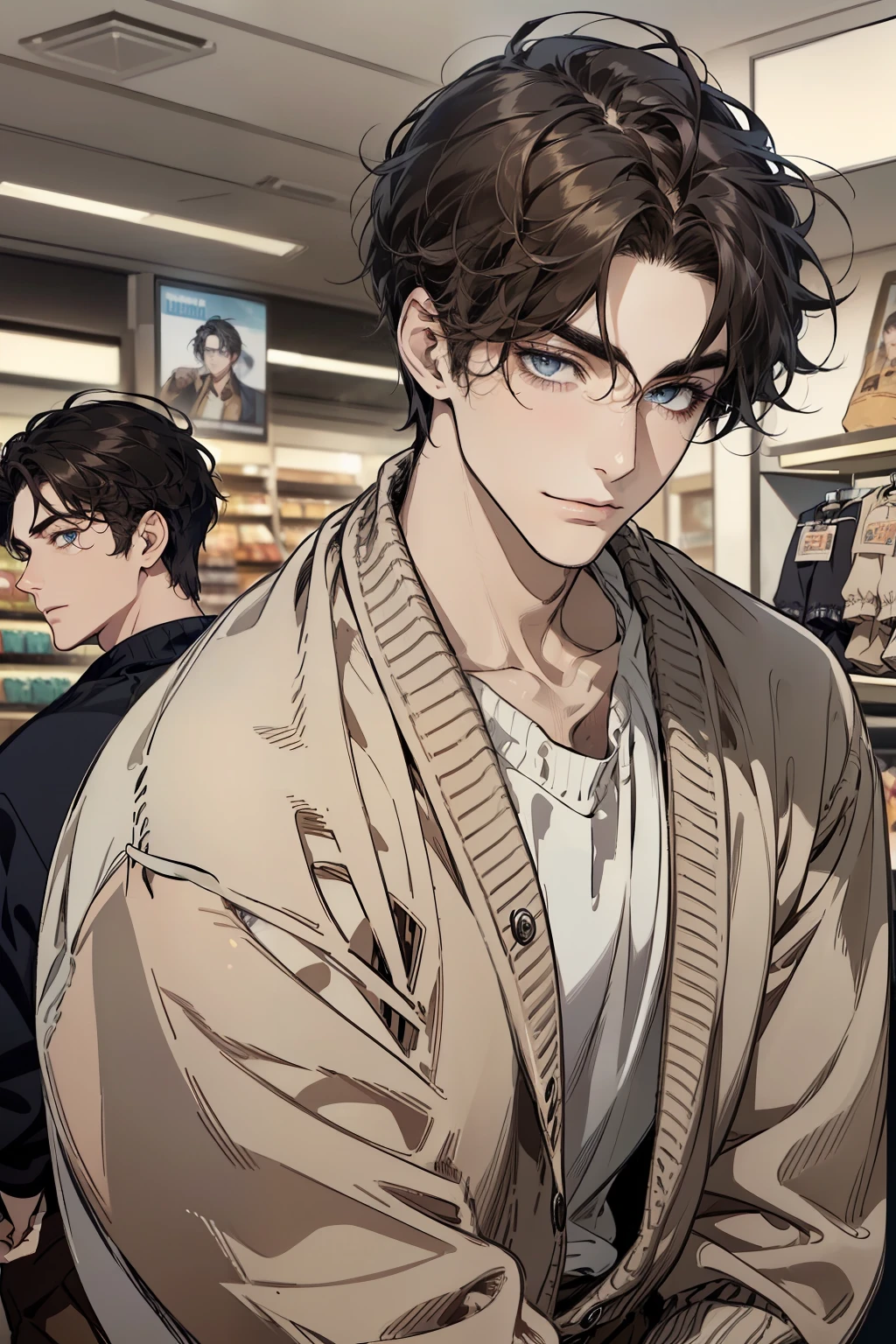 masterpiece, best quality, realistic, 1man, mature male, quiet and charming young man, 35 years old, close his eyes, ((soft smile)), closed mouth, extremely detailed face, a little distant, ((dark blue gray eyes)), ((short-side-swept sandy black hair)), [thick eyebrows], (caramel cardigan and brown trousers), (waiting in front of the store)