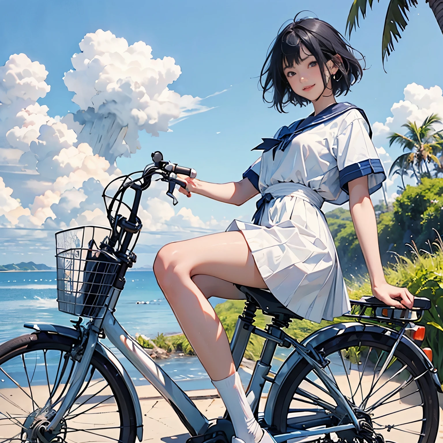 (A 15-year-old Japanese girl riding a white bicycle)、Small and cute、A white sailor dress with short sleeves、Hair color is black、black eye、Medium Hair、short hair、Straight hair、smile、Slim but well-proportioned body,、Wear loafers、Palm tree、countryside、A little overgrown grass、Beautiful blue sky and white cumulonimbus clouds、Beautiful sea、Summer blue sky, (Highest quality, masterpiece, High resolution)、8k、wallpaper、