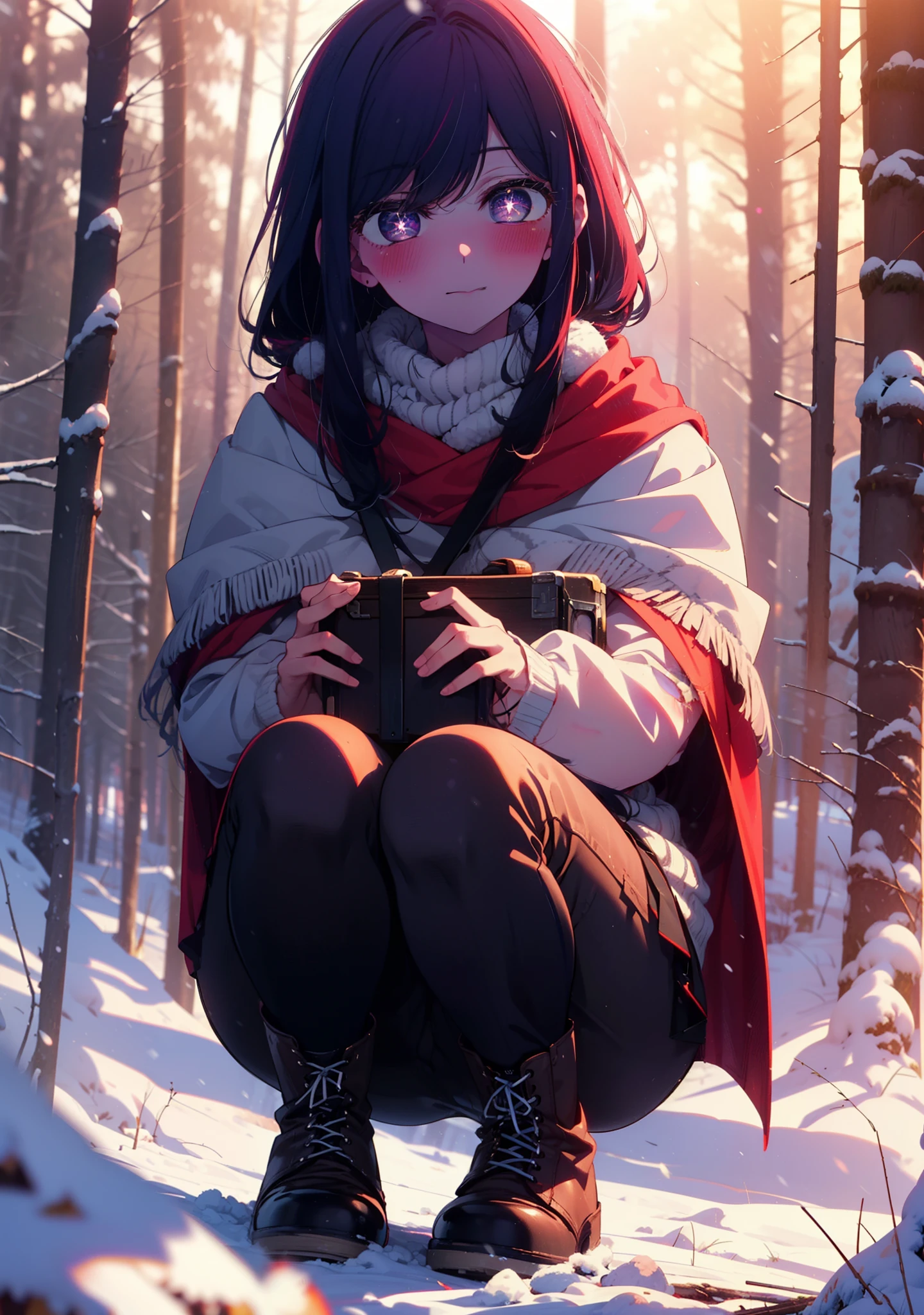 aihoshino, Ai Hoshino, Long Hair, bangs, (Purple eyes:1.1), Purple Hair, (Symbol-shaped pupil:1.5), smile,,smile,blush,white breath,
Open your mouth,snow,Ground bonfire, Outdoor, boots, snowing, From the side, wood, suitcase, Cape, Blurred, , forest, White handbag, nature,  Squat, Mouth closed, Cape, winter, Written boundary depth, Black shoes, red Cape break looking at viewer, Upper Body, whole body, break Outdoor, forest, nature, break (masterpiece:1.2), Highest quality, High resolution, unity 8k wallpaper, (shape:0.8), (Beautiful and beautiful eyes:1.6), Highly detailed face, Perfect lighting, Highly detailed CG, (Perfect hands, Perfect Anatomy),