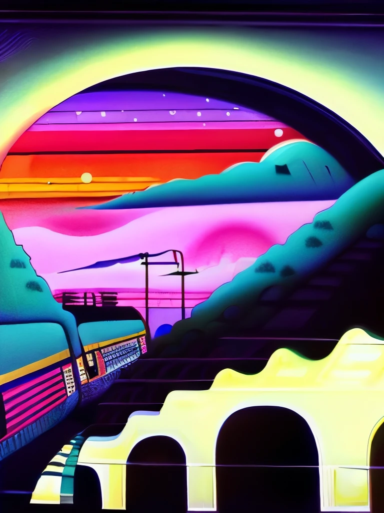 A painting by Hiroshi Nagai depicting a train running through a tunnel with a sunset in the background