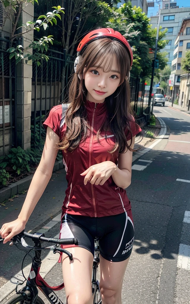 Best Quality、masterpiece、Very detailed、beautiful、cute、Cowboy Shots、 1 person、solo、(green) Cycling wear、(red) Cycling wear、Cycling helmet、(blonde) hair、(pink) hair、She is road racing, riding a road bike、Open your mouth、Sweat、Wet clothes、Slope、Climbing the slope、countryside、Ride a road bike、downhill、急なSlope、eye shield、Headphones、Cycling Shorts、Wind、Speed line effect