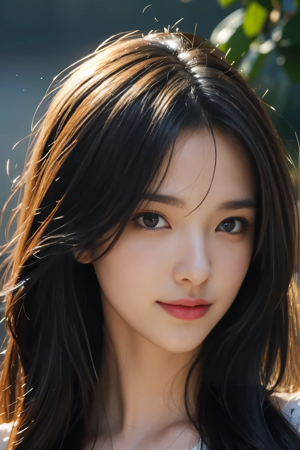 (ultra realistic) , (illustration), (increase resolution), (8K), (extremely detailed), (best illustration), (beautiful detailed eyes), (best quality), (ultra-detailed), (masterpiece), (wallpaper), (detailed face), 1 girl, black straight hair, slender body, delicate details, in the dark, deep shadow, low key, pureerosfaceace_v1, happy smile, summer dress, waterfall, rainforest
