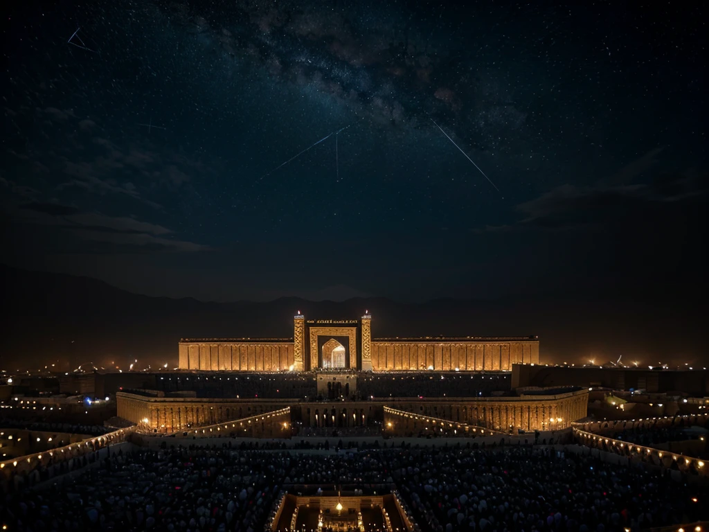 "A majestic view of the Kaaba under a starry night sky, with the surrounding pilgrims illuminated by soft, warm lights."