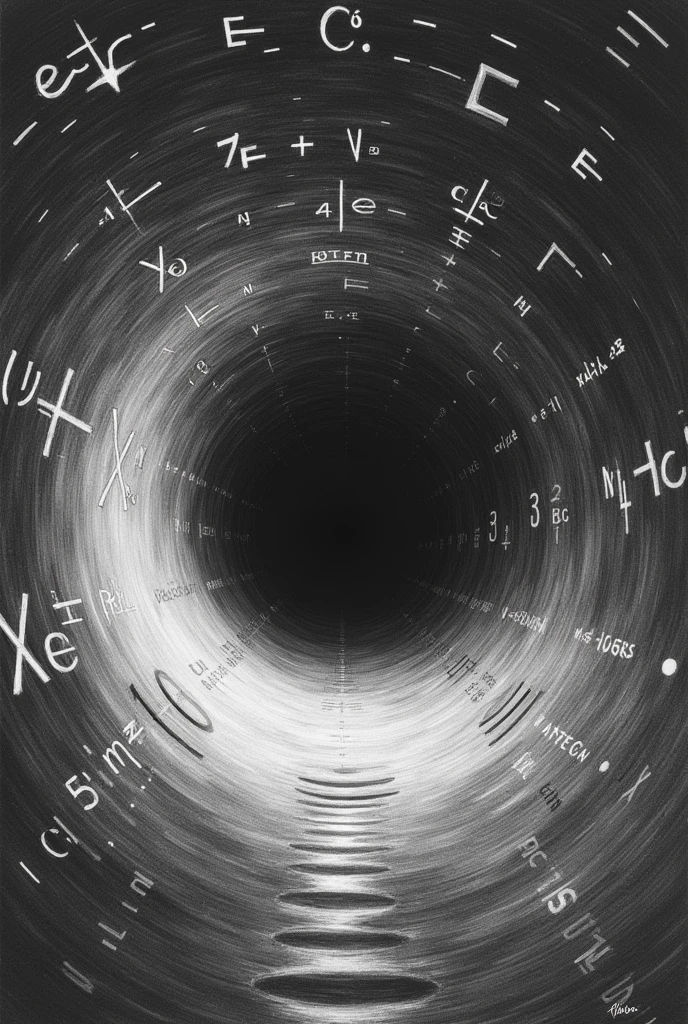 Create a never created pencil art of black hole tunnel with physics equations written on its wall. More equations big size