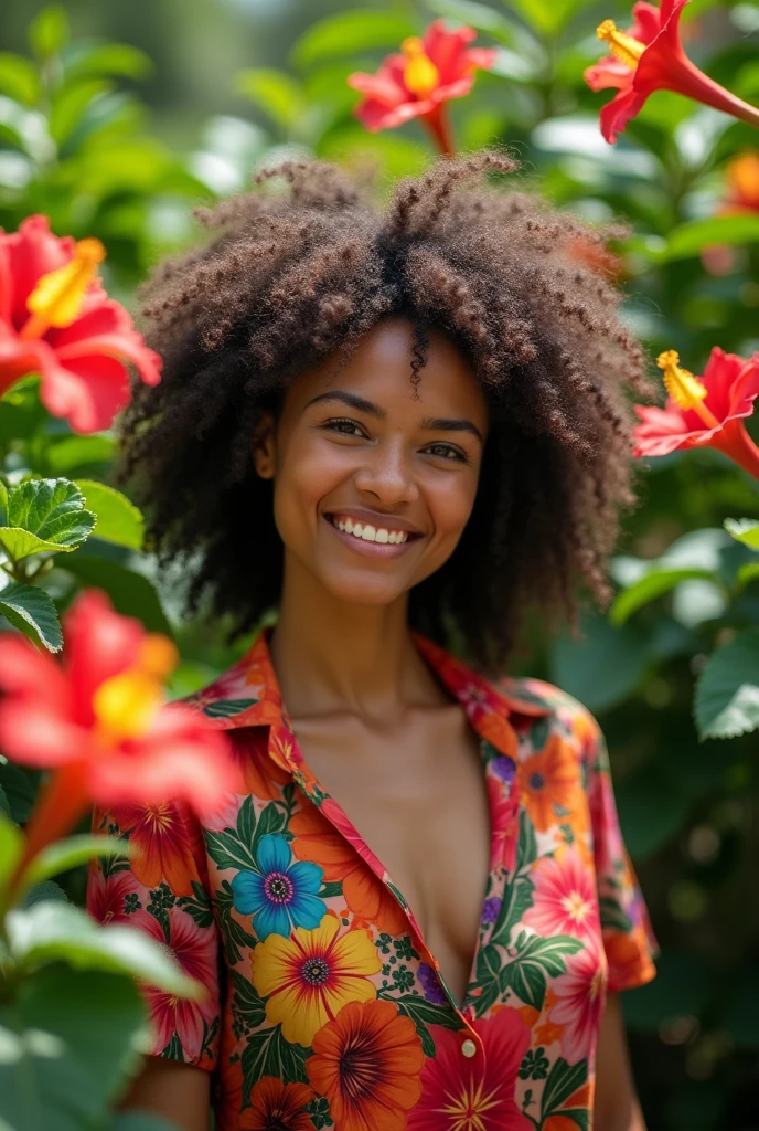 A Brazilian woman in a lush tropical garden, wearing an open shirt with a floral print, with a close-up capturing the harmonious beauty between her breasts and the natural flowers, showing off your natural charm and outgoing personality.
