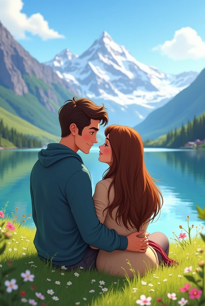 Animated drawing of Switzerland in a village called Grindelwald at Lake Bachalpsee, a couple sitting on the grass, where the man hugs the woman and looking at her with love, and the woman had bright brown hair, smooth hair and dressed, in spring