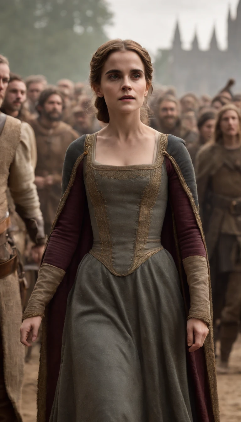 Emma Watson in a medieval sexy dress standing in front of a crowd of people, afterlife, after life, anti life, style of arcane tv series, after all, after a battle, style arcane tv series, altered carbon style, aftermath, after effects, live action movie, alfredo and the afterlife, life after the plague, series on netflix, live action film