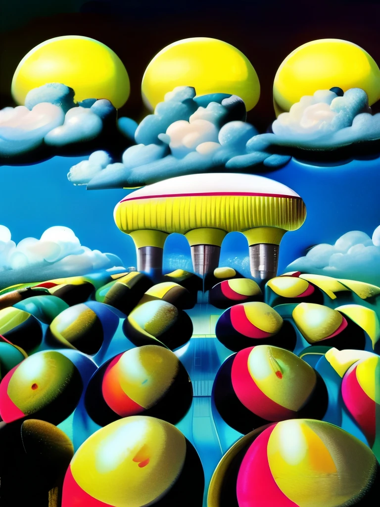 By Hiroshi Nagai、Painting of a futuristic city surrounded by large yellow and black spheres and clouds