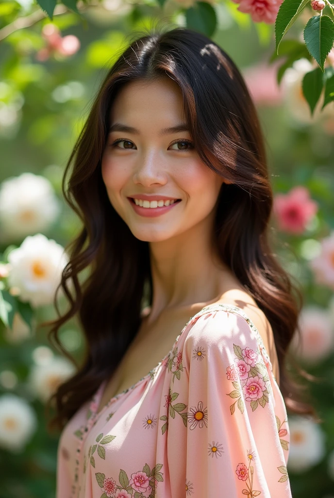 fair-skinned woman with dark brown hair and eyes, with a few freckles on her face, wearing a pastel pink floral blouse