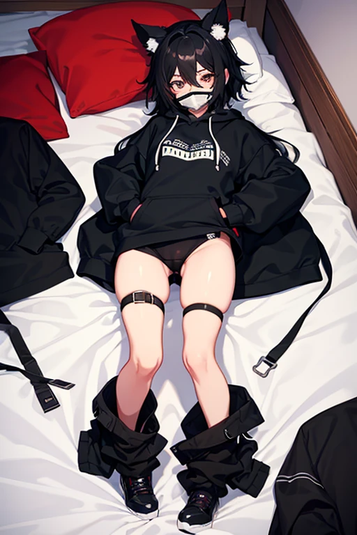 cute emo femboy, black hair, on back, full body, in bed, in oversized hoodie, gagged
