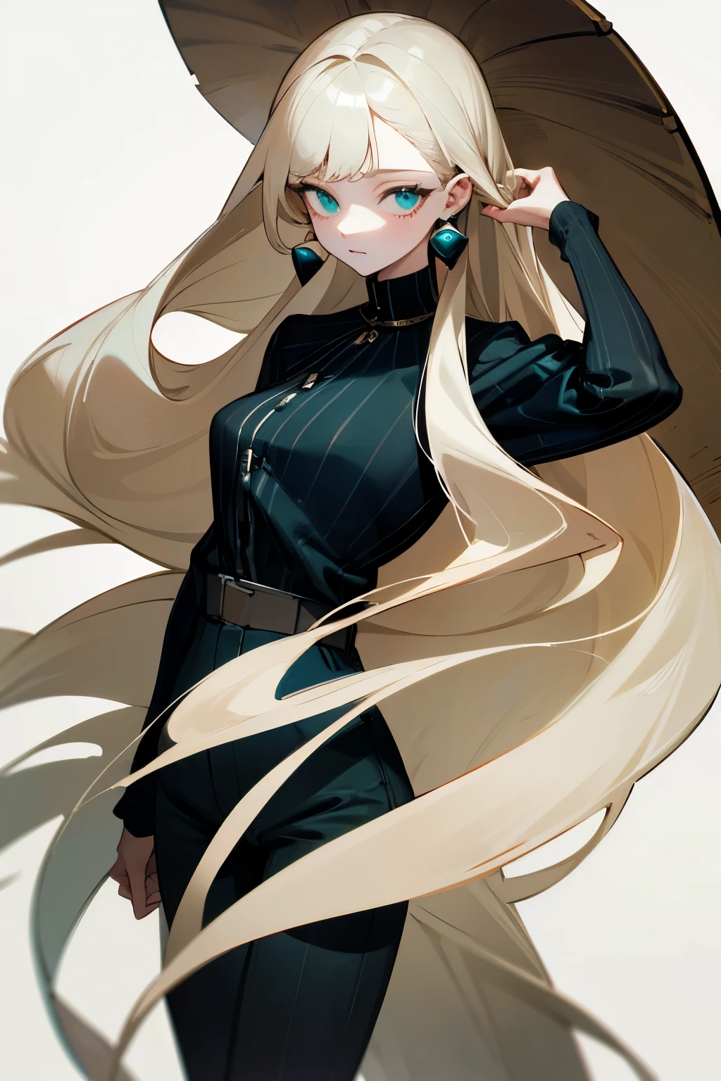 (masterpiece, best quality, absurdres, very detailed eyes), closeup, 1girl, solo, solofocus, simple background, pale skin, long hair, curly hair, graying platinum blonde hair, green eyes, somewhat large eyes, tall, somewhat narrow build, long sleeved black shirt with brown stripes, olive topcoat, jean shorts, blue ribbon, cyan earrings, white rings