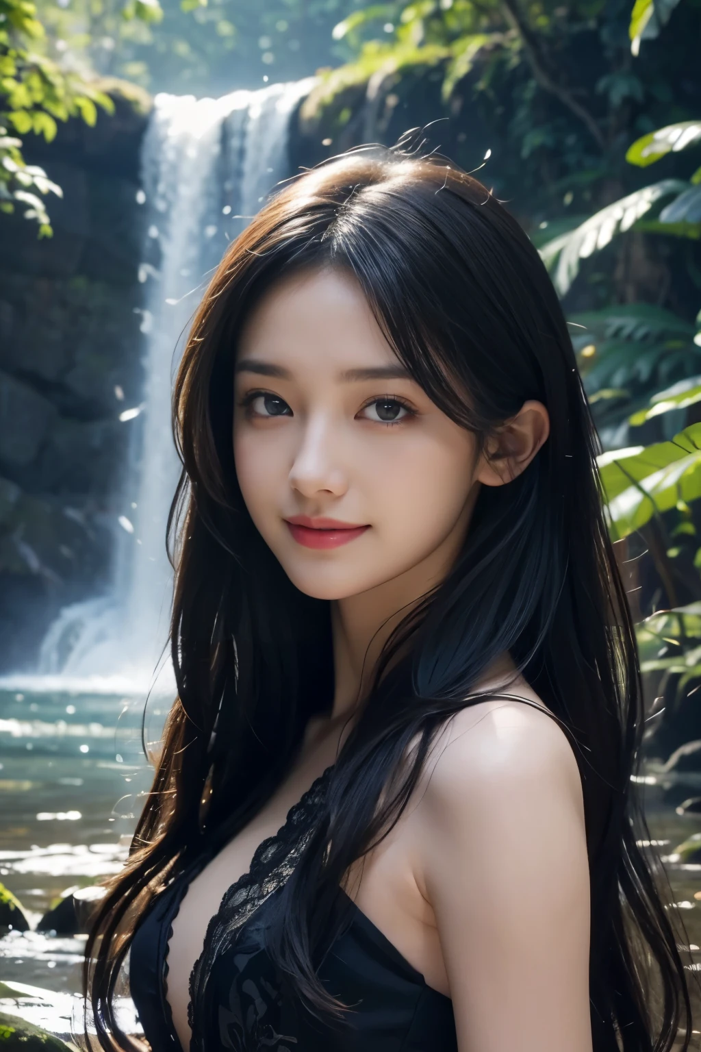 (ultra realistic) , (illustration), (increase resolution), (8K), (extremely detailed), (best illustration), (beautiful detailed eyes), (best quality), (ultra-detailed), (masterpiece), (wallpaper), (detailed face), 1 girl, black straight hair, slender body, delicate details, in the dark, deep shadow, low key, pureerosfaceace_v1, happy smile, summer dress, waterfall, rainforest
