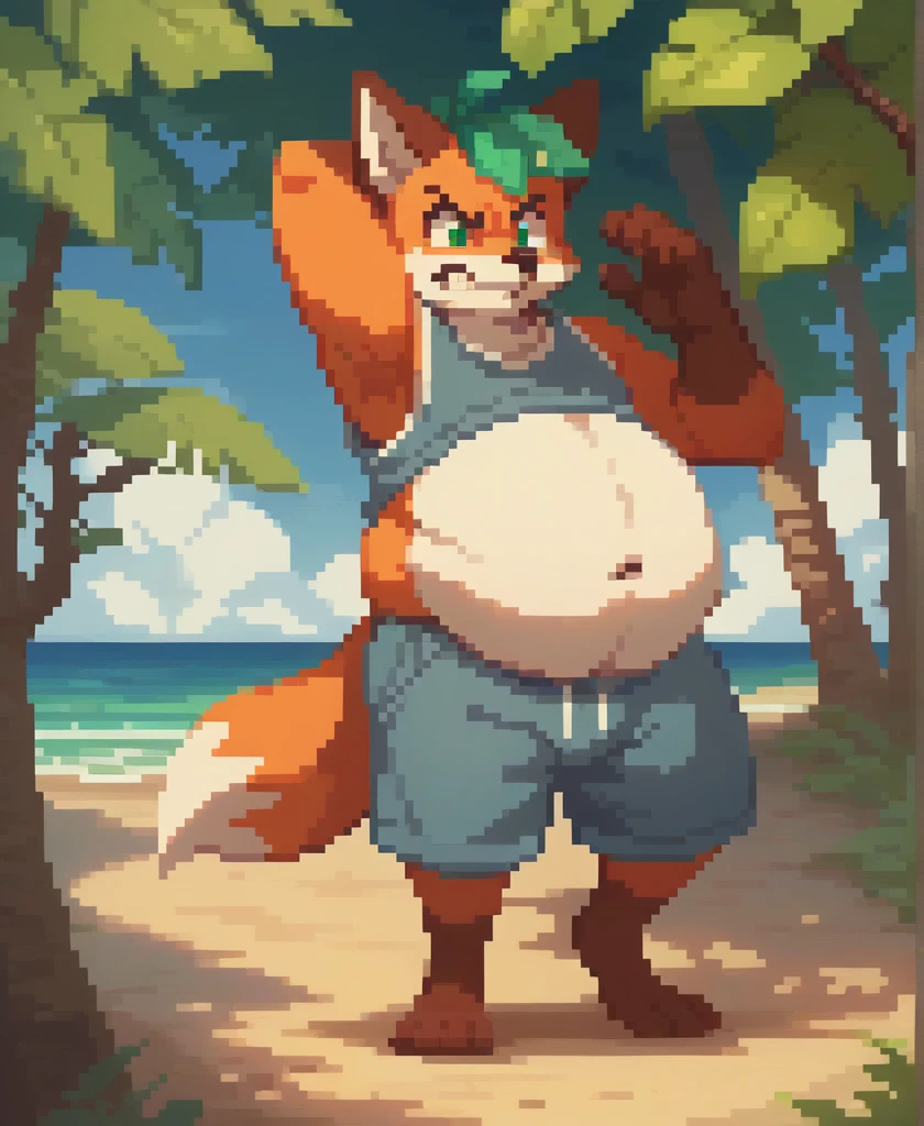 4k, pixel, 32bits, detailed eyes, green eyes, obese, 1 gluttonous orange fox boy, angry, big belly, furry, tree leaf over head, smile, beach grey clothes, beach background