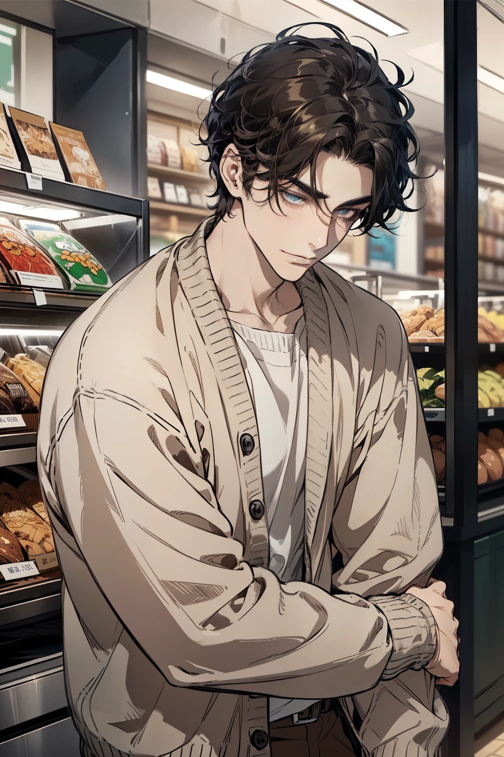 masterpiece, best quality, realistic, 1man, mature male, quiet and charming young man, 35 years old, close his eyes, ((soft smile)), closed mouth, extremely detailed face, a little distant, ((dark blue gray eyes)), ((short-side-swept sandy black hair)), [thick eyebrows], (caramel cardigan and brown trousers), (waiting in front of the store)