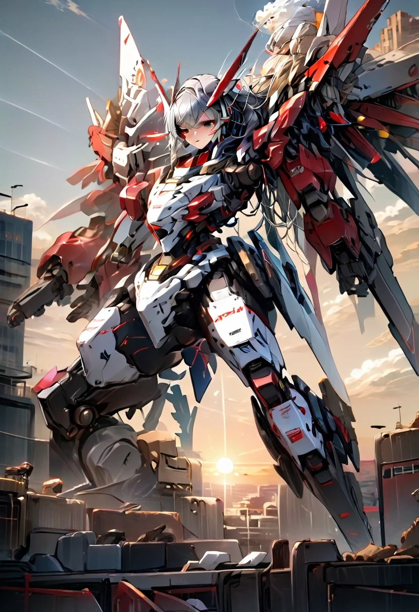 masterpiece, best quality, extremely detailed ,1woman, mecha girl, long hair, gray hair, red eyes, castle, sunset, jump down