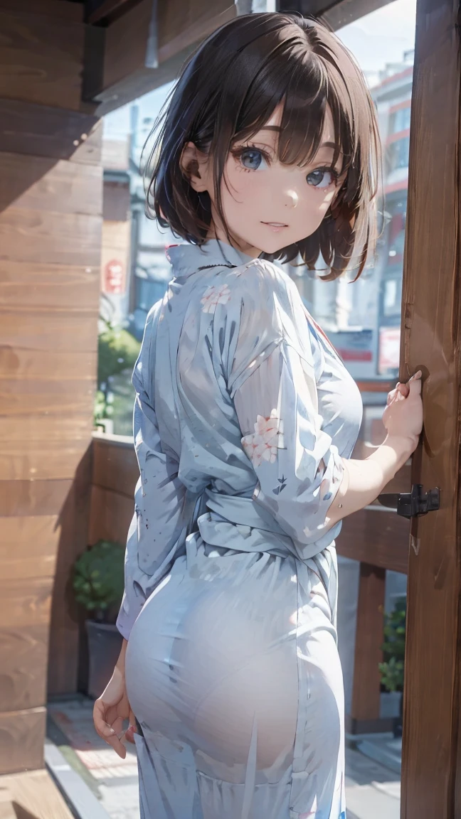 Yukata、Close contact to the body、Alluring、, drunk, modern, from behind, Canon, masterpiece, anatomically correct, super detail, high details, high quality, 16k