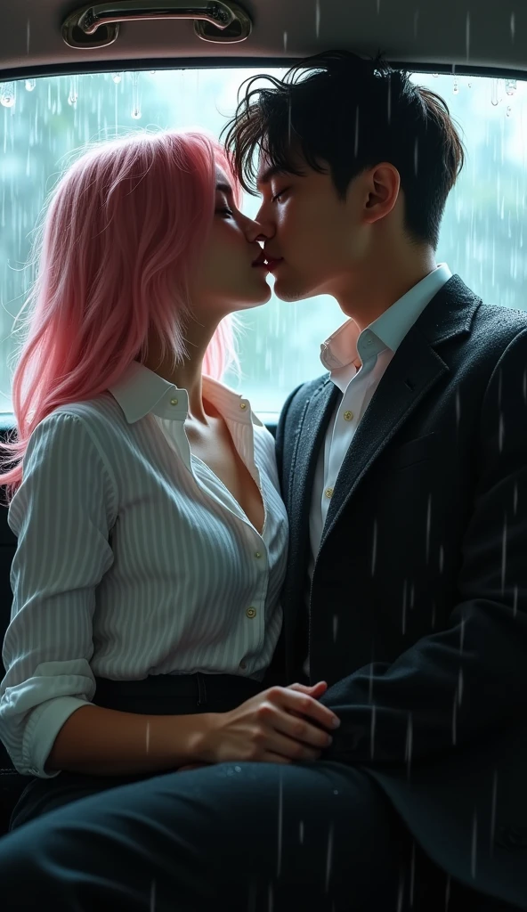 (nsfw), Big Breasts, beautiful girl, masterpiece, Highest quality, Very detailed, figure, Beautiful attention to detail, close, With boys and girls. She had pink hair, White pleated shirt, The button on the chest is broken, skirt. The boy has black hair, Black suit, Black trousers. Kissing in the car, Heavy rain weather