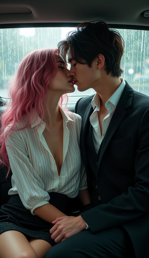 (nsfw), Big Breasts, beautiful girl, masterpiece, Highest quality, Very detailed, figure, Beautiful attention to detail, close, With boys and girls. She had pink hair, White pleated shirt, The button on the chest is broken, skirt. The boy has black hair, Black suit, Black trousers. Kissing in the car, Heavy rain weather