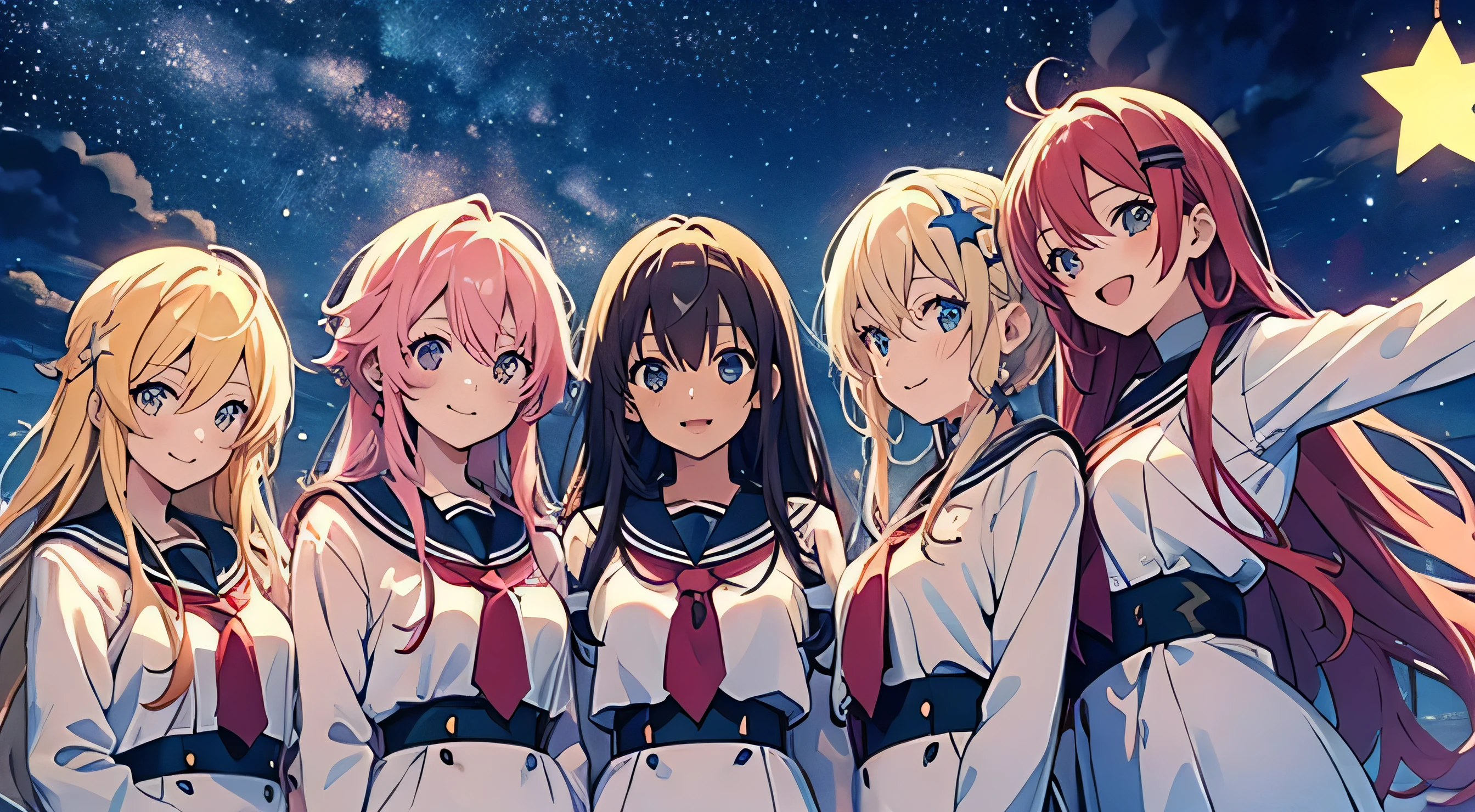Group photo, 5-people, anime, Happy、Starry Sky