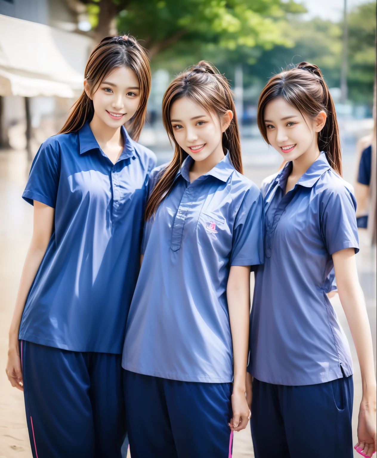 3 girls on beach, Navy blue short-sleeved shirt,Navy Long Trackpant,Sweatpants, Sweatpantsขายาว,25 year old girl, lesbian, sexy, exercise clothes, wet body, exercise clothes