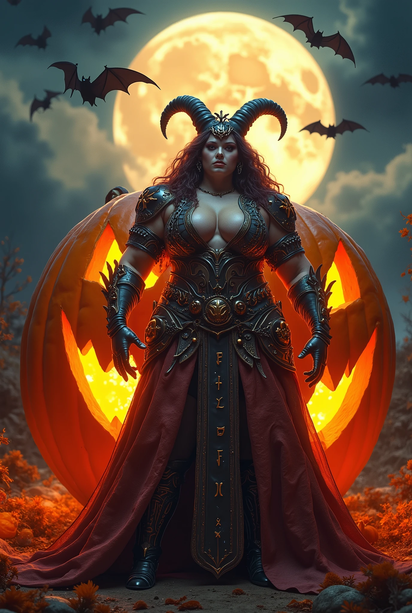 arafed woman in a costume posing in front of a pumpkin, halloween art style, muscular ultraviolent woman, mighty plump female sorceress, halloween, she is a gourd, halloween theme, halloween scene, supervillain sorceress witch, trick or treat, monstergirl, a very beautiful berserker woman, muscular! fantasy