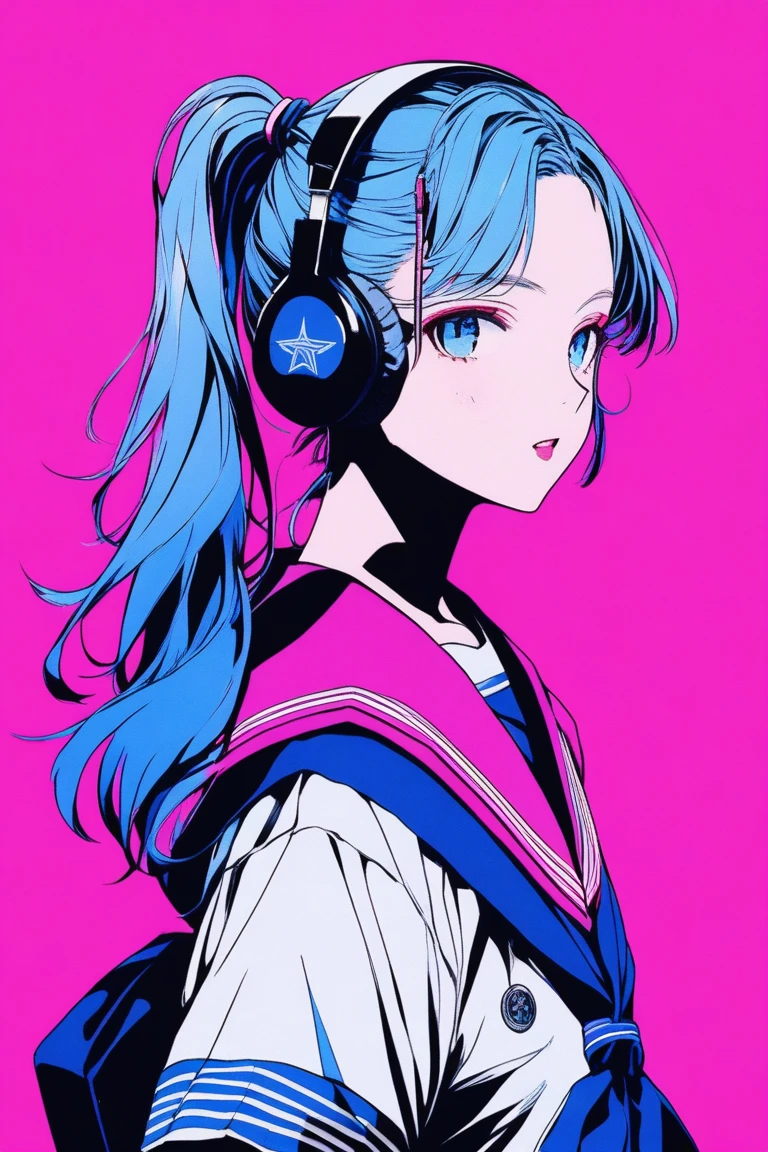 ((masterpiece,Highest quality)), 8k, anime , Realistic ,sketch, anime風のポートレート, 黒猫を連れたanimeの女性, 18-year-old, Blue gradient background, High school girl sailor uniform, Neon ponytail hair, lip, Wear headphones, Texture Trim, Japanese, Upper Body, (masterpiece,Highest quality)