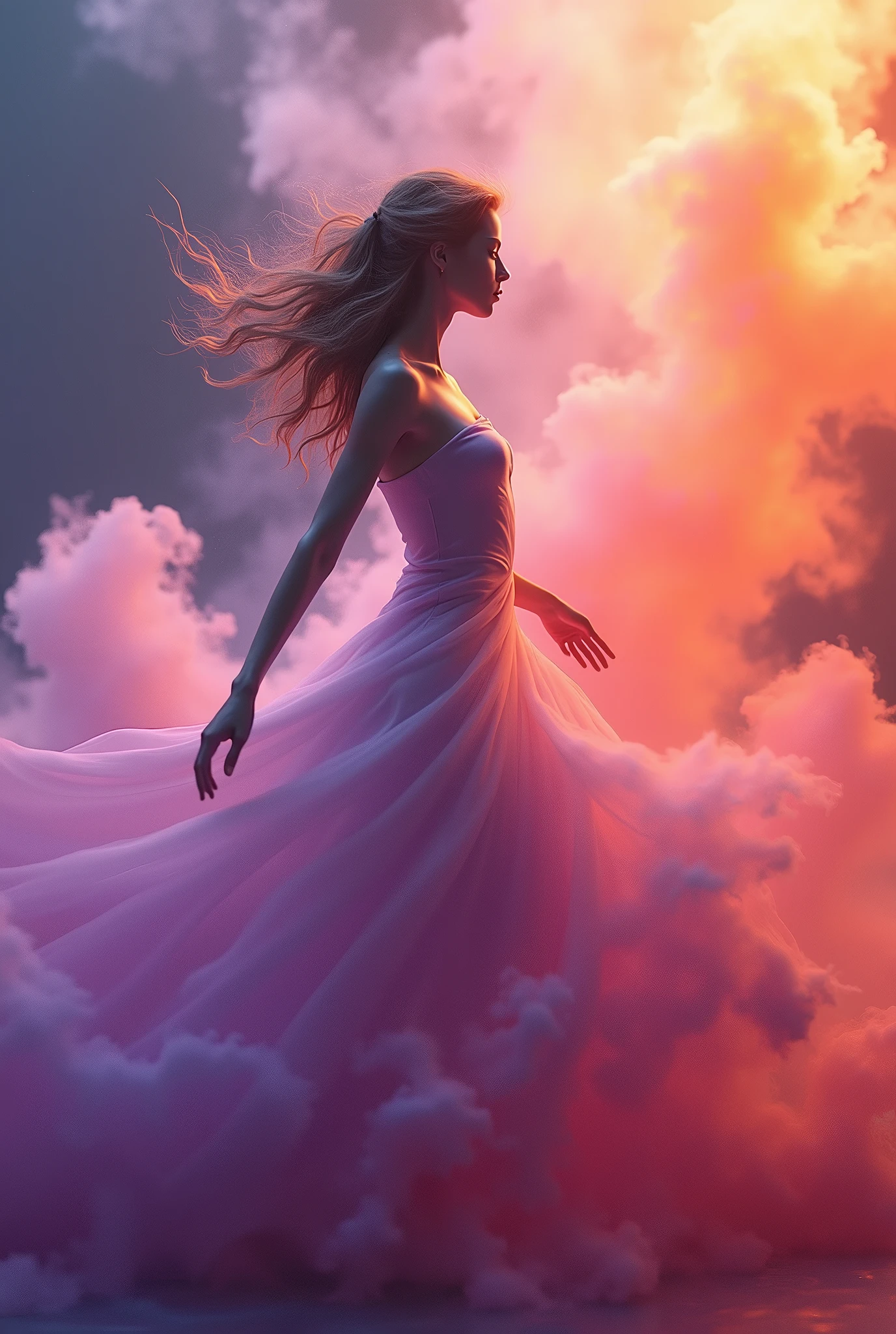 A mesmerizing 3D render by the skillful artist Mschiffe, showcasing a ghostly, smoke-like female figure dancing. The enigmatic woman appears in side view, exuding a mystical aura as she weaves through a colorful explosion of hues. Her ethereal form is embellished with motion effects, invoking a sense of fluidity and movement. The background is a breathtaking fusion of vibrant, muted colors that harmoniously blend with the eerie, yet captivating atmosphere of the scene.