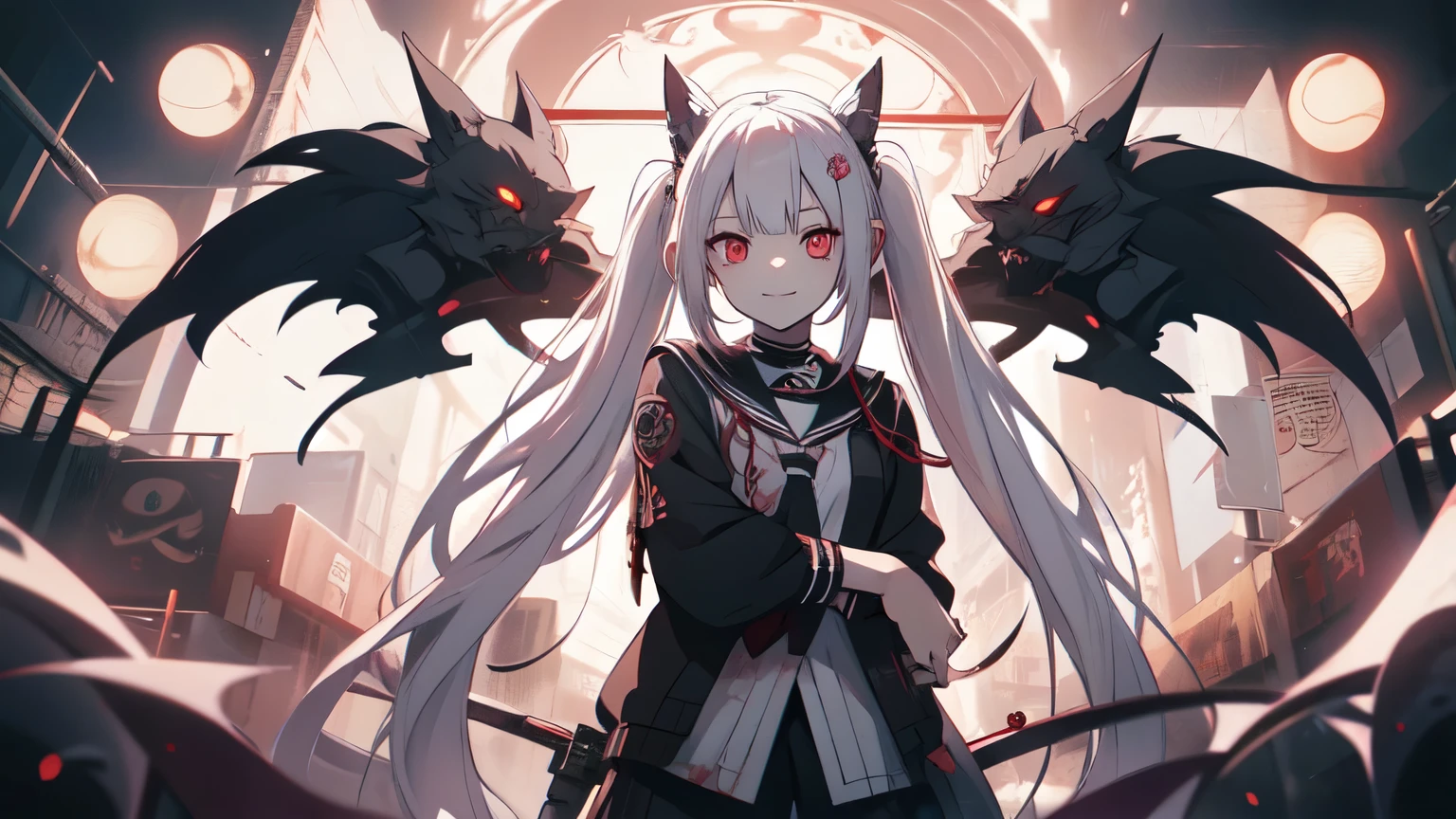アニメの with long white hair and red eyes holding a knife, terrible anime 8k, anime style 4k, Nightcore, Detailed anime original drawing, fateful anime style/Please stay the night, best anime 4k,crazy smile,twin tails,bloodstains,glowing eyes,sailor suit,cardigan