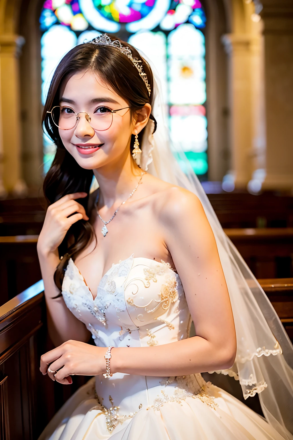 ((Highest quality))、((masterpiece))、(detailed)、Flawless,Flawless解剖学,e bab years oldlawless脚,Flawless長い手足,Perfectly smooth skin,Long ponytail hairstyle,Rimless round glasses,,Smiling shyly with a blush,see-through wedding dresses,See-through,Inside the chapel