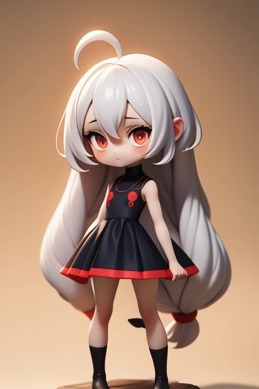 　Primary school students　young　small　height: 130cm　Standing picture Simple design　The dress is a one-piece　camisole　Sleeveless　No sleeve　Long Hair　Long black hair　Hair is black　Red eyes　Shoulder-baring ahoge　Kokeshi
