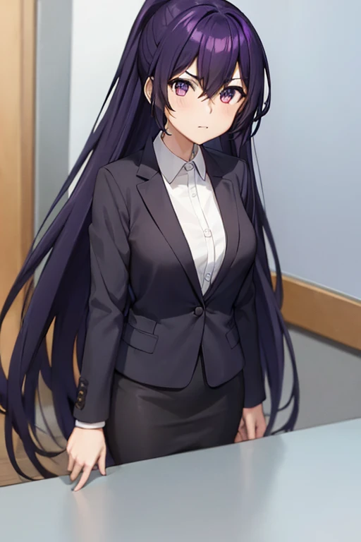 1girl, tohka yatogami, suit, office lady, black skirt, black blazer, pencil skirt, white shirt, collared shirt, long hair, teenager, looking at viewer, full body, 