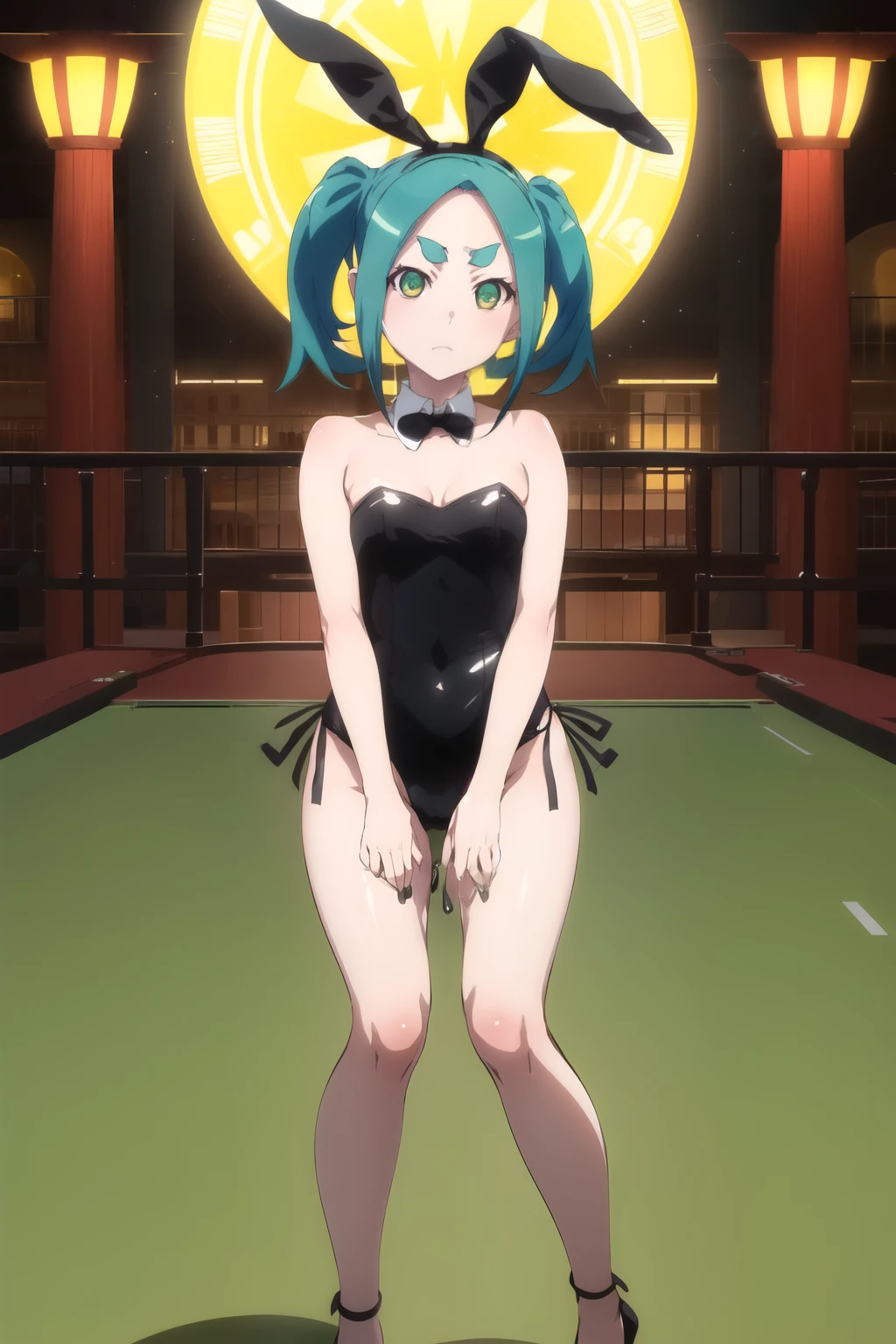 (ononoki yotsugi),One girl, View your viewers,
(fake rabbit ears), (black Playboy Bunny), (barefoot: 1.3), (black high-heels: 1.3)
Aqua Hair, short hair, Green Eyes, Twin tails, Thick eyebrows, 
casino, Cowboy Shot, standing
standing, Place your arms between your legs, 
Expressionless, Mouth closed,