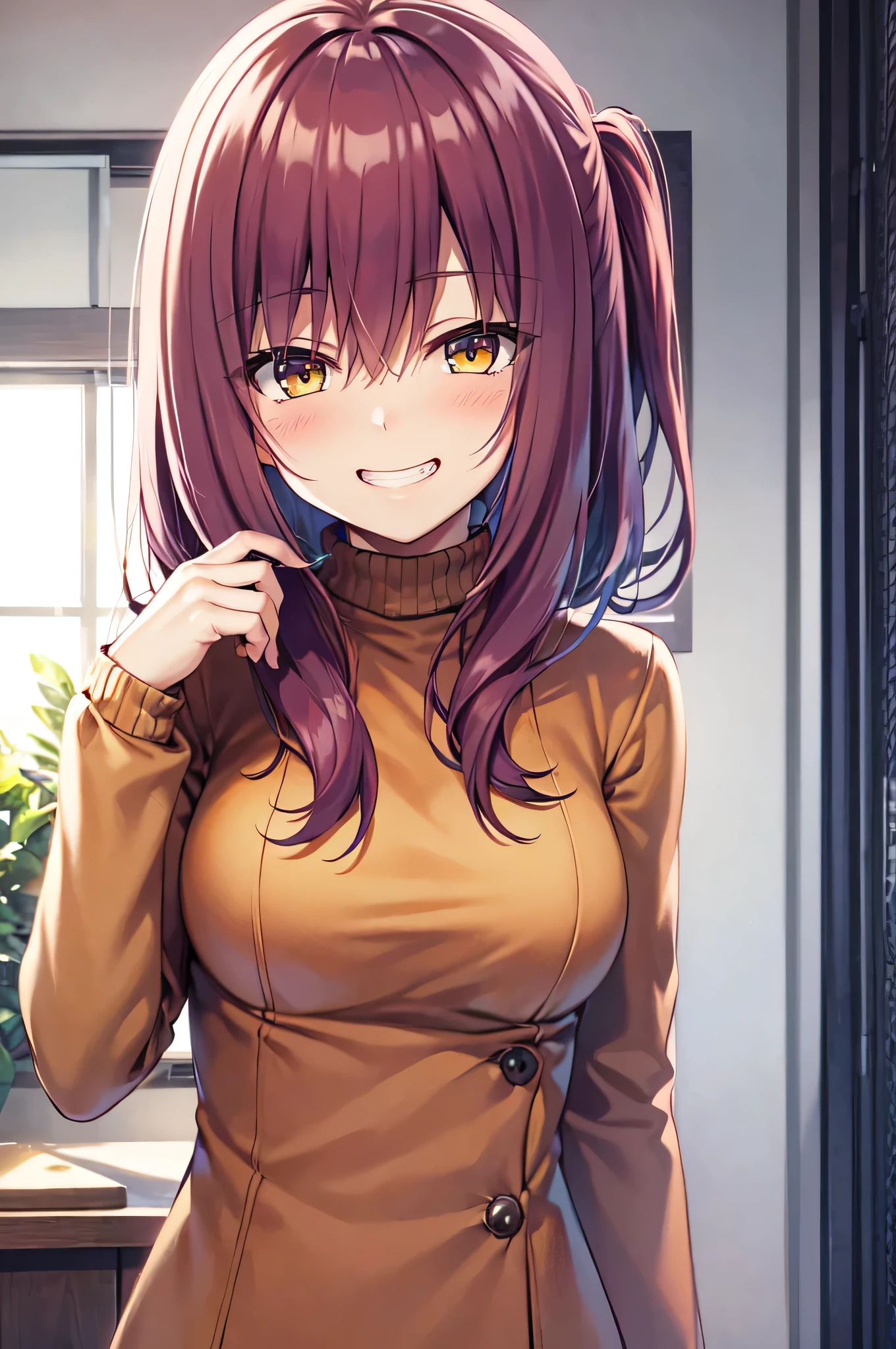 Masterpiece, best quality, highres, upper body, close up, detailed eyes, red hair, yellow eyes, white backround, long hair, blush, turtleneck sweater, beautiful eyes, medium breaast, grin, ((hair down))