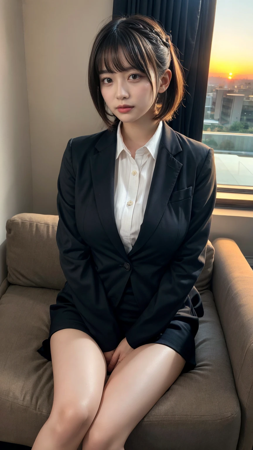 masterpiece, best quality, illustration, Super detailed, fine details, High resolution, 8K,wall paper, perfect dynamic composition,(Details High quality, realistic depiction of eyes:1.3), short hair, (wavy hair:1.2), Office Lady, ,Suit,Collared shirt, Black Suit,Black jacket, pony tail hair, huge breasts,  black hair color, Big Natural Color Lip, bold sexy pose, crying a little、Harajuku style、20 year old girl、cute type、lolita、beautiful legs, hotel room, full body photo、focus on crotch, hposing Gravure Idol, Sexy shot looking at camera, Sunset, by the window, Summer, make up, Curve