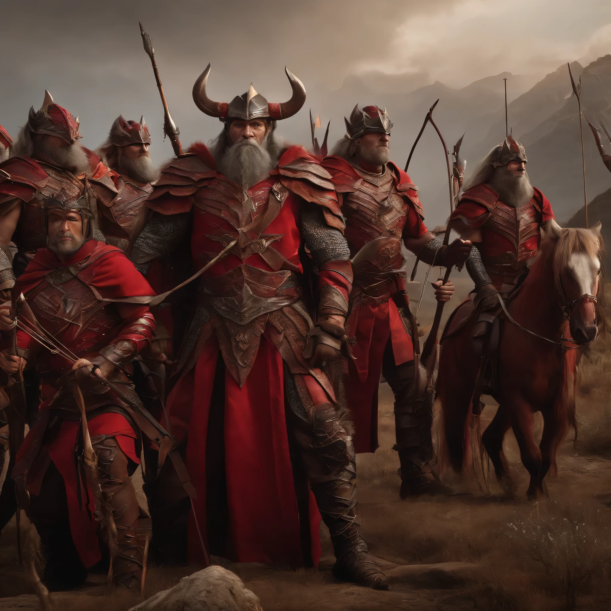 A large orc archer plus five human archers all wearing red dragon armor and bows., Company logo KND behind in highlight