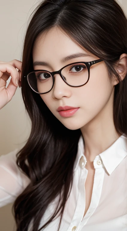 a close up of a woman wearing Glasses and a shirt, with Glasses, wearing thin large round Glasses, wavy long black hair and Glasses, wearing small round Glasses, with Glasses on, eyeGlasses, with black eyeGlasses, girl with Glasses, High-quality portraits, with square Glasses, Wearing glasses, Glasses, Lee Ji-eun, Lee Ji-eun, Japanese Model