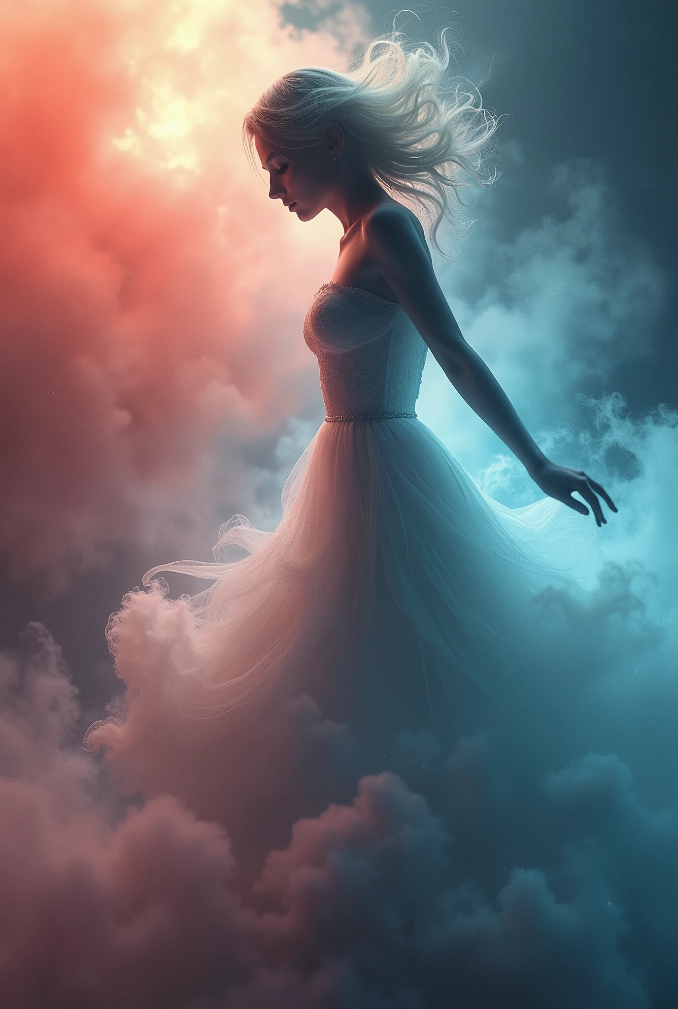 A mesmerizing 3D render by the skillful artist Mschiffe, showcasing a ghostly, smoke-like female figure dancing. The enigmatic woman appears in side view, exuding a mystical aura as she weaves through a colorful explosion of hues. Her ethereal form is embellished with motion effects, invoking a sense of fluidity and movement. The background is a breathtaking fusion of vibrant, muted colors that harmoniously blend with the eerie, yet captivating atmosphere of the scene.