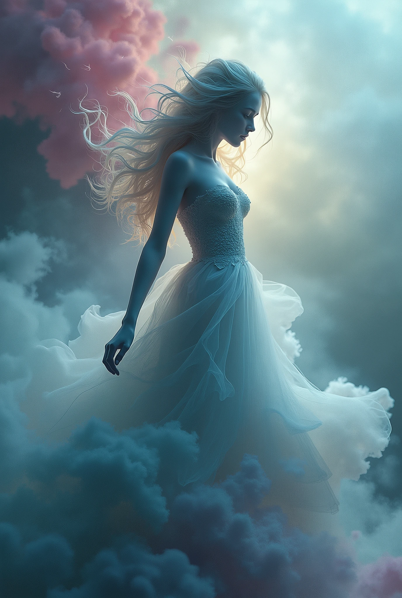 A mesmerizing 3D render by the skillful artist Mschiffe, showcasing a ghostly, smoke-like female figure dancing. The enigmatic woman appears in side view, exuding a mystical aura as she weaves through a colorful explosion of hues. Her ethereal form is embellished with motion effects, invoking a sense of fluidity and movement. The background is a breathtaking fusion of vibrant, muted colors that harmoniously blend with the eerie, yet captivating atmosphere of the scene.