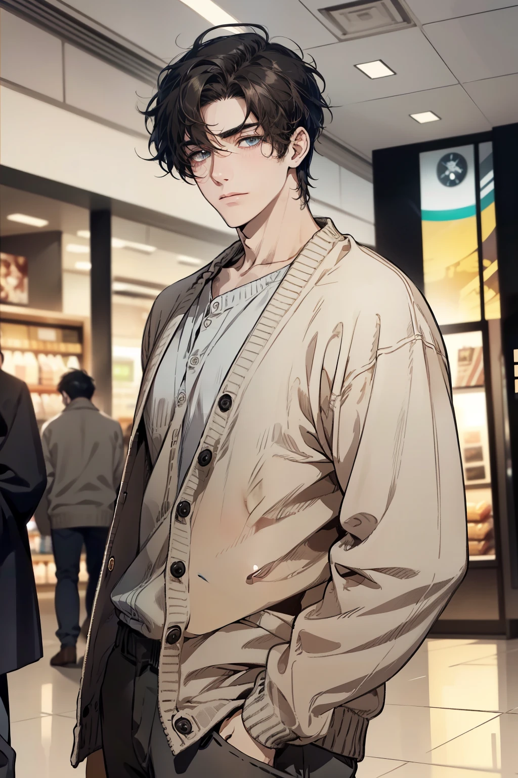 masterpiece, best quality, realistic, 1man, mature male, quiet and charming young man, 35 years old, close his eyes, ((soft smile)), closed mouth, extremely detailed face, a little distant, ((dark blue gray eyes)), ((short-side-swept sandy black hair)), [thick eyebrows], (caramel cardigan and brown trousers), (waiting in front of the store)