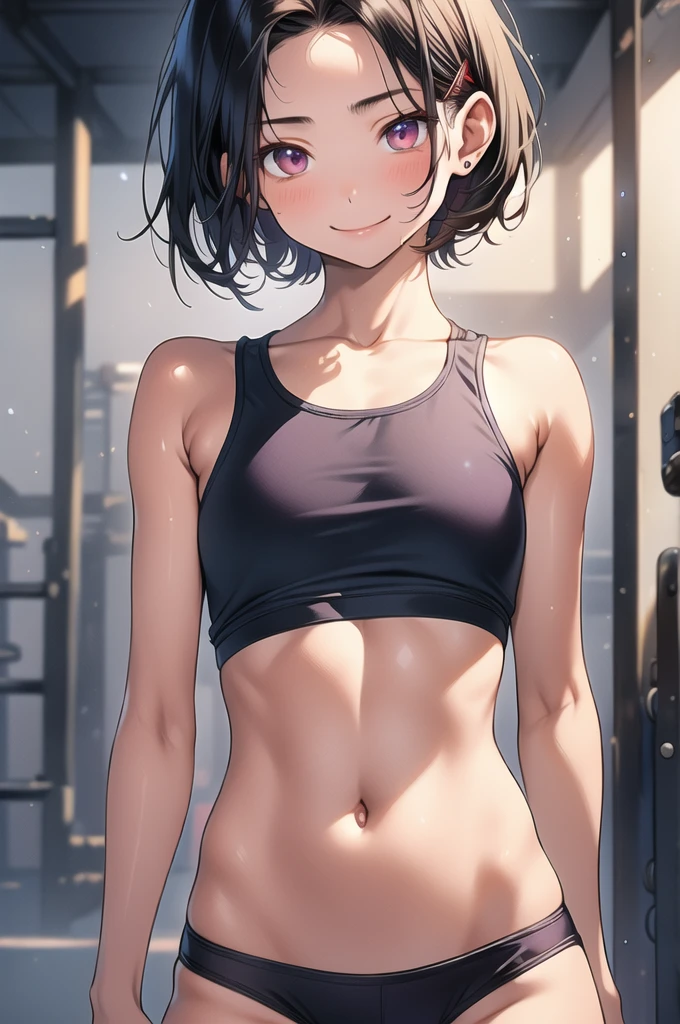 ((masterpiece,Highest quality:1.3,best quality illustration)),((realistic:1.2)),cowboy shot,solo,1woman,18 year old beauty、black hair,short bob hair,(center parted bangs),black eyes,(gorgeous big eyes),((very small head:1.4)),shy,smile,((slender body:1.2,skinny)),(tan skin:1.4),small breasts,(purple tank top、school gym red buruma),gleaming skin,oily skin,slender body,sweat,standing,playground、Schoolyard、School、Tokyo、