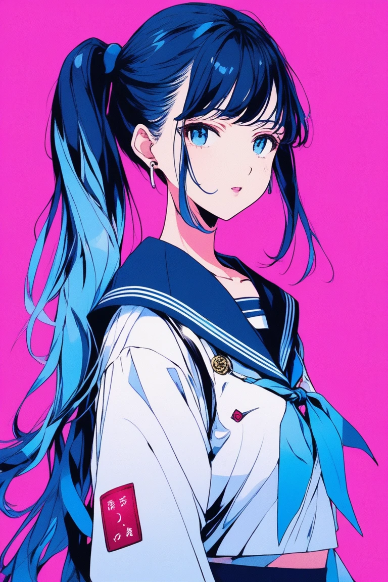 ((masterpiece,Highest quality)), 8k, anime , Realistic ,sketch, anime風のポートレート, 黒猫を連れたanimeの女性, 18-year-old, Blue gradient background, High school girl sailor uniform, Neon ponytail hair, lip, Big Breasts, Wear headphones, Texture Trim, Japanese, Upper Body, (masterpiece,Highest quality)