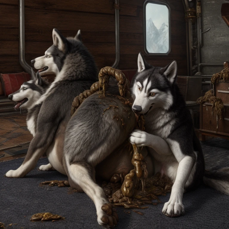 A hyper realistic, ultra detailed image of a husky, fat, (((((feral, duo, husky rimming feces, paws))))), thick thighs, duo, shaded, intricate, realistic, detailed background, (saliva:0.8), panting, drooling, saliva, aroused, ass up, on a klingon star ship, freighter. ((((belly on back, leg up, excessive drooling, duo, hyper balls, feral, excessive anal scat, standing, sitting, spreading legs, excessive hyper anal feces, husky anal feces rimming))))