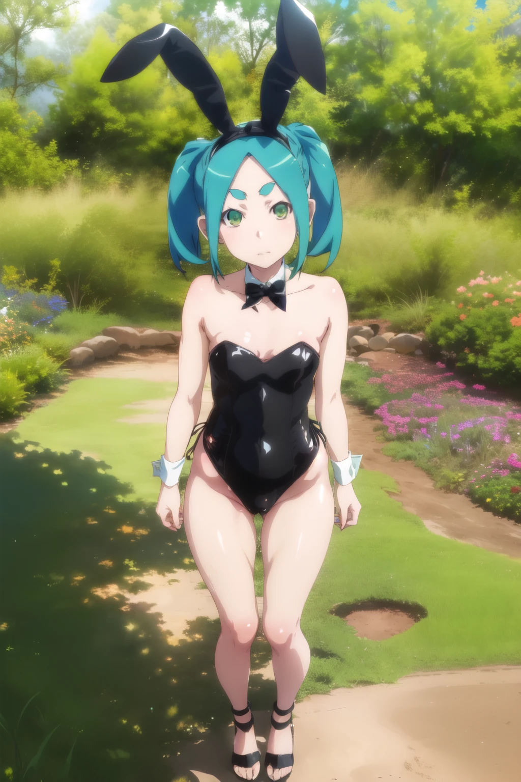(ononoki yotsugi),One girl, View your viewers,
(black Playboy Bunny: 1.3), (barefoot: 1.3), (black high-heels: 1.3)
Aqua Hair, short hair, Green Eyes, Twin tails, Thick eyebrows,
garden, wood, close,
Are standing, Place your arms between your legs,
Expressionless, Mouth closed,