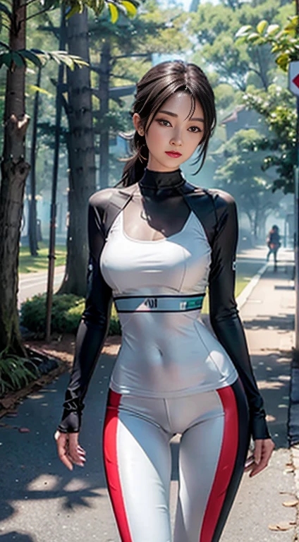 1个Giant Breast Girl， beautidful eyes，Red-faced，The lips are slightly open，full, Symmetrical breasts，Convex buttocks，Skinny sports shirt，White skinny yoga pants，Camel toes，The lines between the thighs are detailed，White sneakers，Black color hair，High ponytail，obi strip，Tattooed with，running track，parks，jungles，lakes，Close-up of chest，Buttocks close up， hdr（HighDynamicRange）， Ray traching， nvidia RTX， Hyper-Resolution， Unreal 5， sub surface scattering， PBR textures， Post-processing， Anisotropic filtering， depth of fields ，Maximum clarity and sharpness， Many-Layer Textures， Albedo and Specular maps， Surface coloring， Accurate simulation of light-material interactions， rendering by octane， twotonelighting， Low ISO， White balance， trichotomy， largeaperture， 8K raw data， High-Efficiency Sub-Pixel， sub-pixel convolution， （Luminous Particle：1.4）， {{tmasterpiece， best qualtiy， extremaly detailed cg， Unity 8k Wallpaper， 。.。.。.3d， cinmatic lighting， lens flare glow}}，