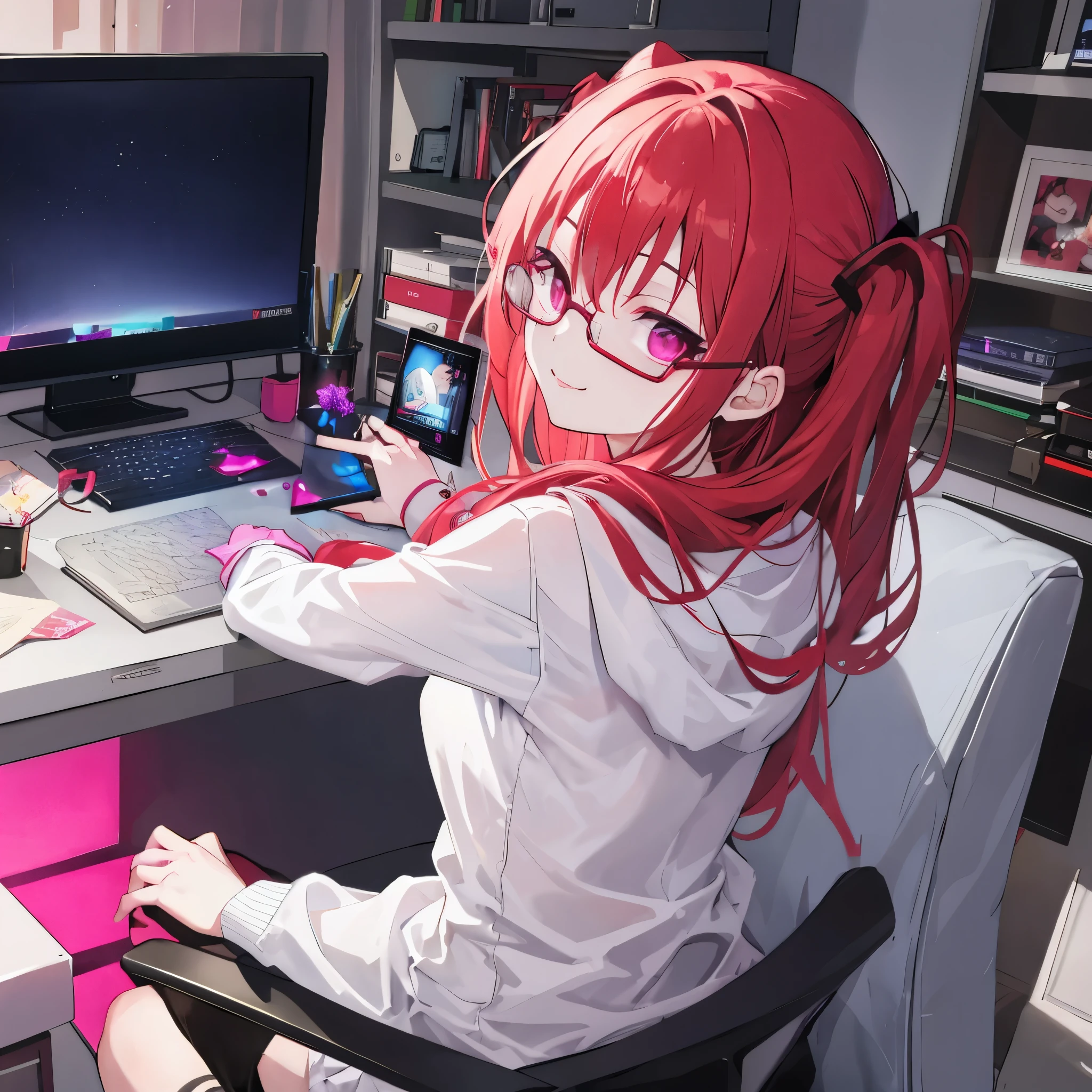 quiet night with the lights off in her room Satanichia mcdowell from behind with her glasses on with a smile while she is posing with her gamer computer red hair and magenta eyes dressed in comfortable and light clothing
