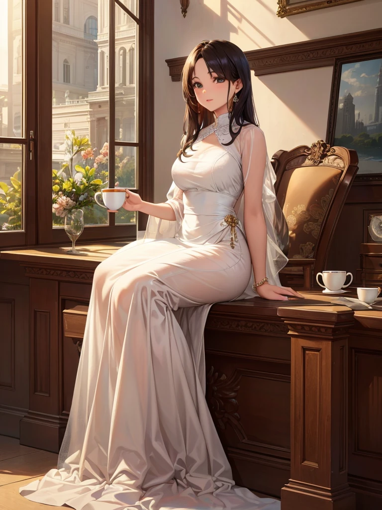 (8k, Highest quality, masterpiece:1,2), (Realistic, photo-Realistic:1,37), Highest quality, masterpiece, Beautiful woman, I want to drink coffee, Coffee cup, Elegant Style. Indonesian women's style, Beautiful white skin, Beautiful Eyes, Medium Hair, wearing a watch