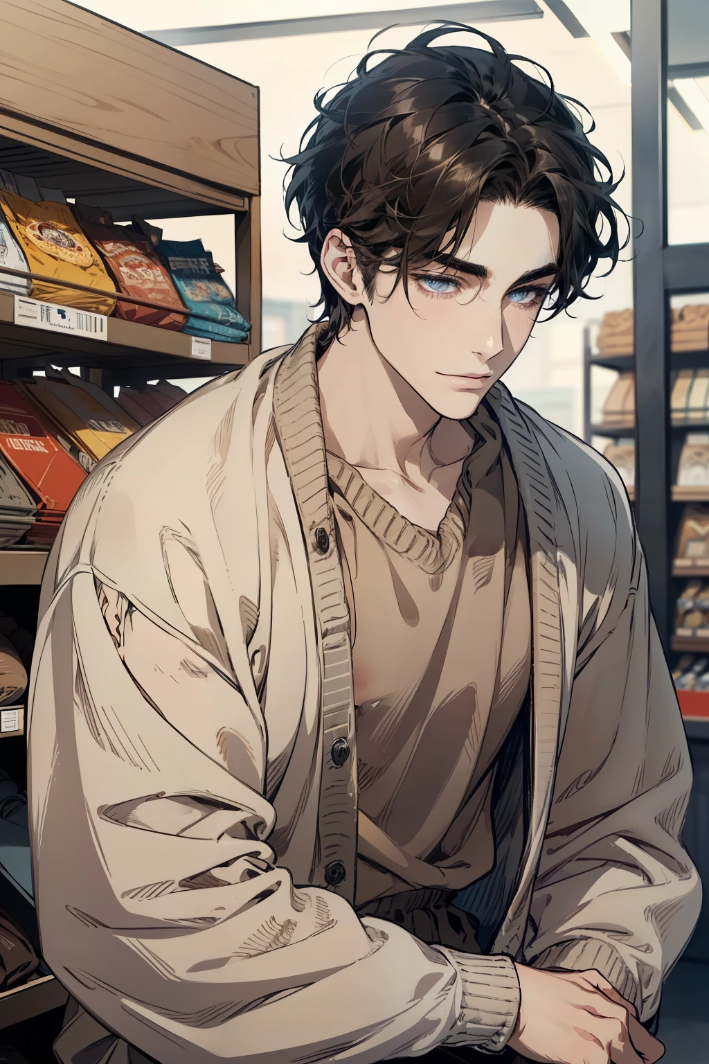 masterpiece, best quality, realistic, 1man, mature male, quiet and charming young man, 35 years old, close his eyes, ((soft smile)), closed mouth, extremely detailed face, a little distant, ((dark blue gray eyes)), ((short-side-swept sandy black hair)), [thick eyebrows], (caramel cardigan and brown trousers), (waiting in front of the store)